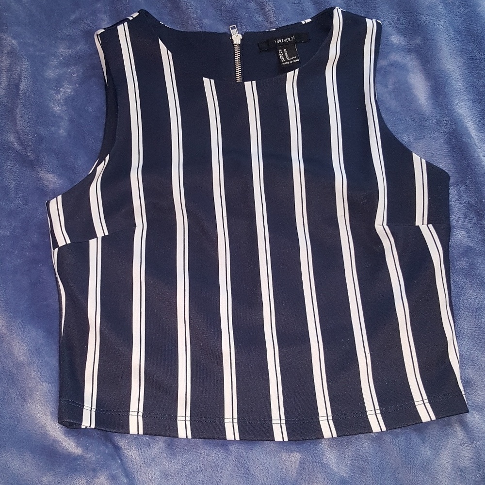 Forever 21 Stripes High Neck Crop Top Blue White - Picture 2 of 4